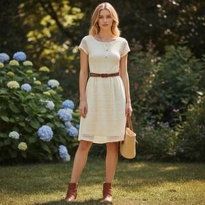 Dressbarn Ivory Lace Fit Flare Dress Belted Cottagecore Boho Crochet Cowgirl 4